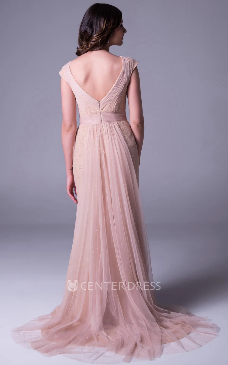 Sheath Maxi V-Neck Beaded Cap-Sleeve Tulle Prom Dress With Waist Jewellery