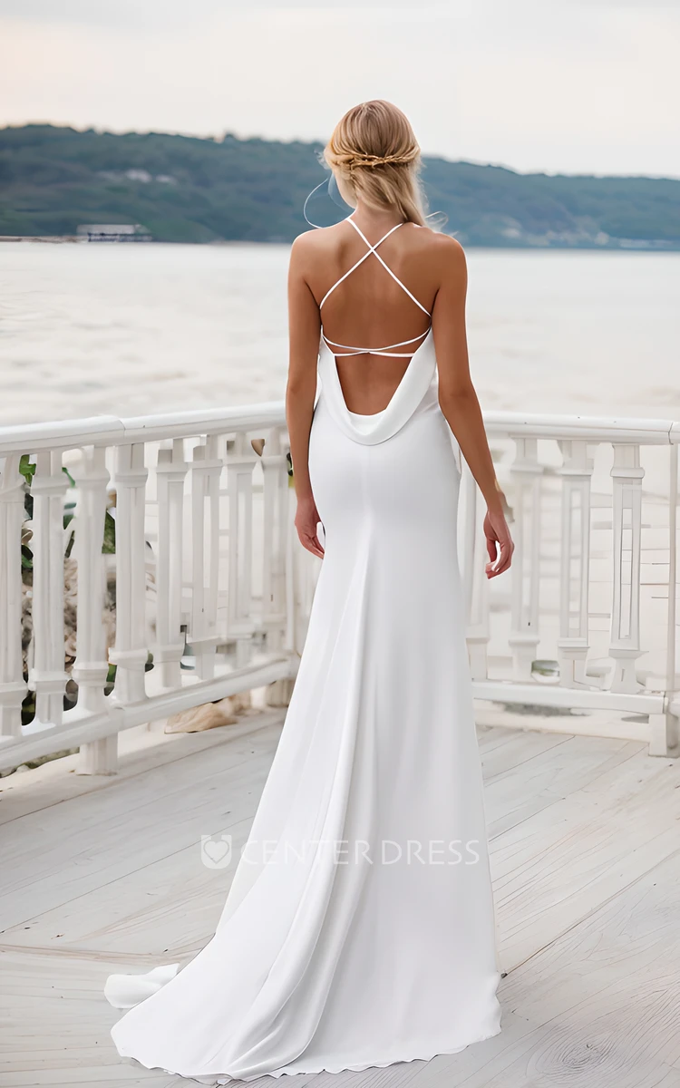 Simple Solid Sexy Halter Neck Sheath Wedding Dress Beach Floor-length Sleeveless Open Cross Straps Cowl Back Bridal Gown with Sweep Train