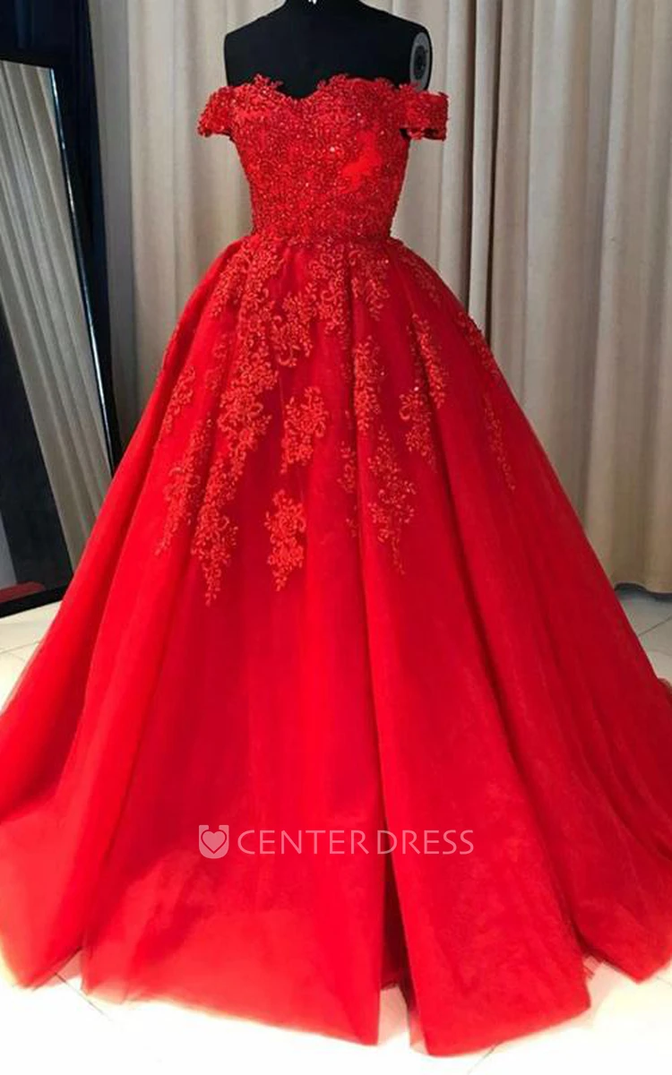 Cap Short Sleeve Floor-length Ball Gown Off-the-shoulder Lace Tulle Dress