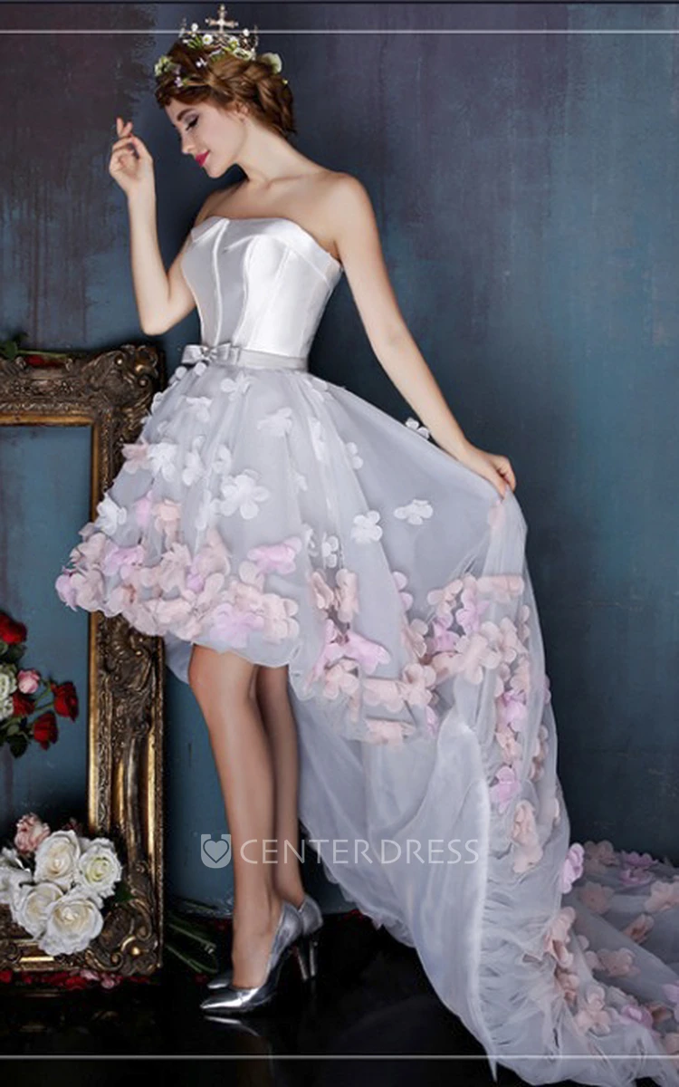 3D Floral Appliqued High-low Sleeveless Cute Open Back Dress With Delicate Bow