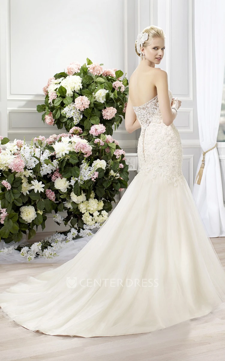 Trumpet Sweetheart Floor-Length Beaded Lace&Tulle Wedding Dress With Appliques And V Back