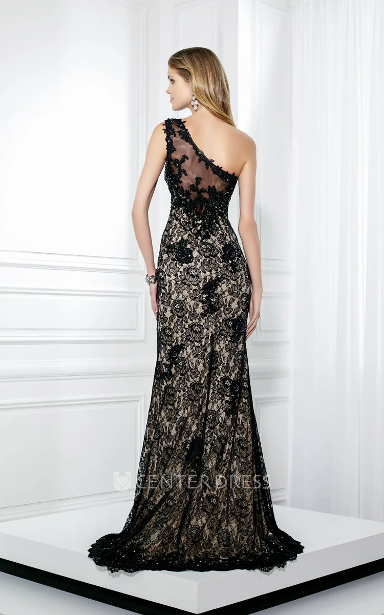 Sheath Split-Front One-Shoulder Sleeveless Lace Prom Dress