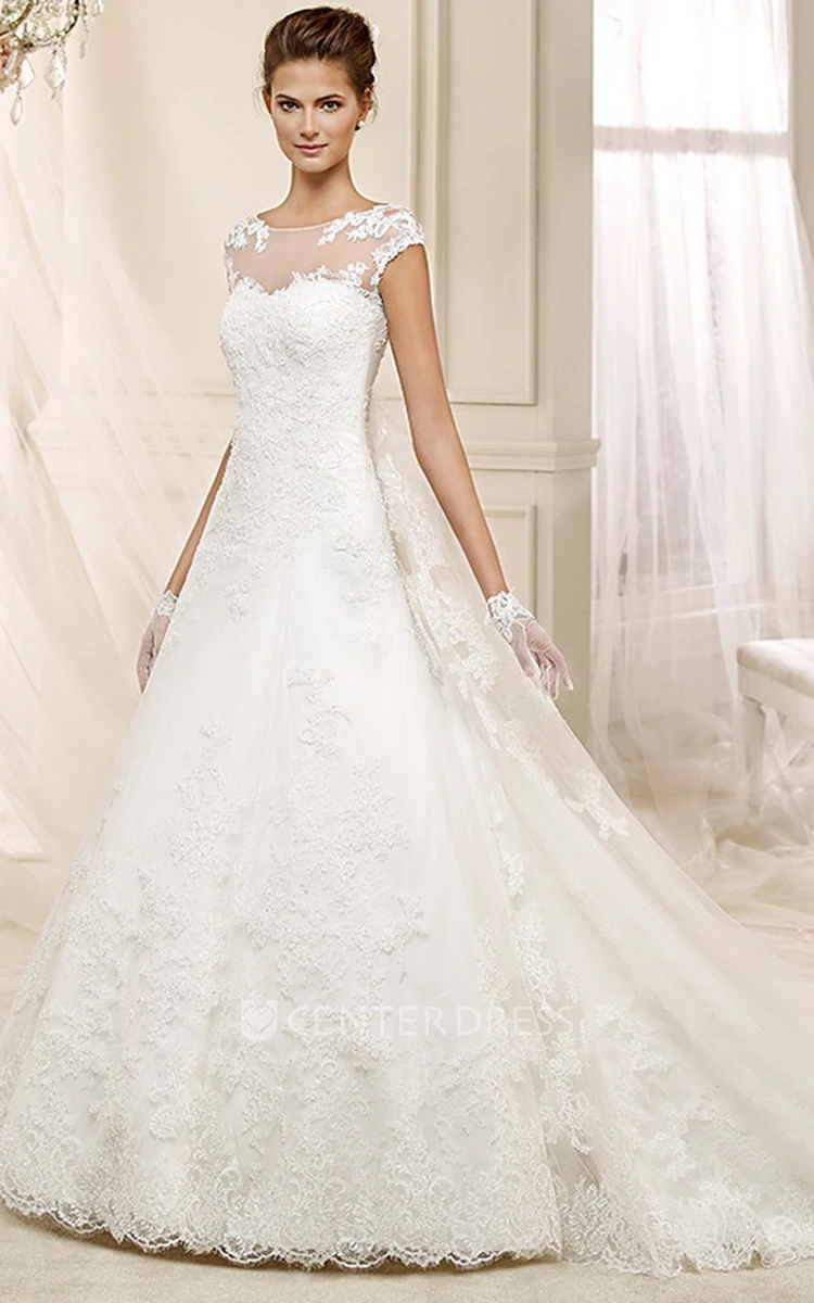 Cap sleeve A-line Wedding Dress with Illusive Design and Low-V Back