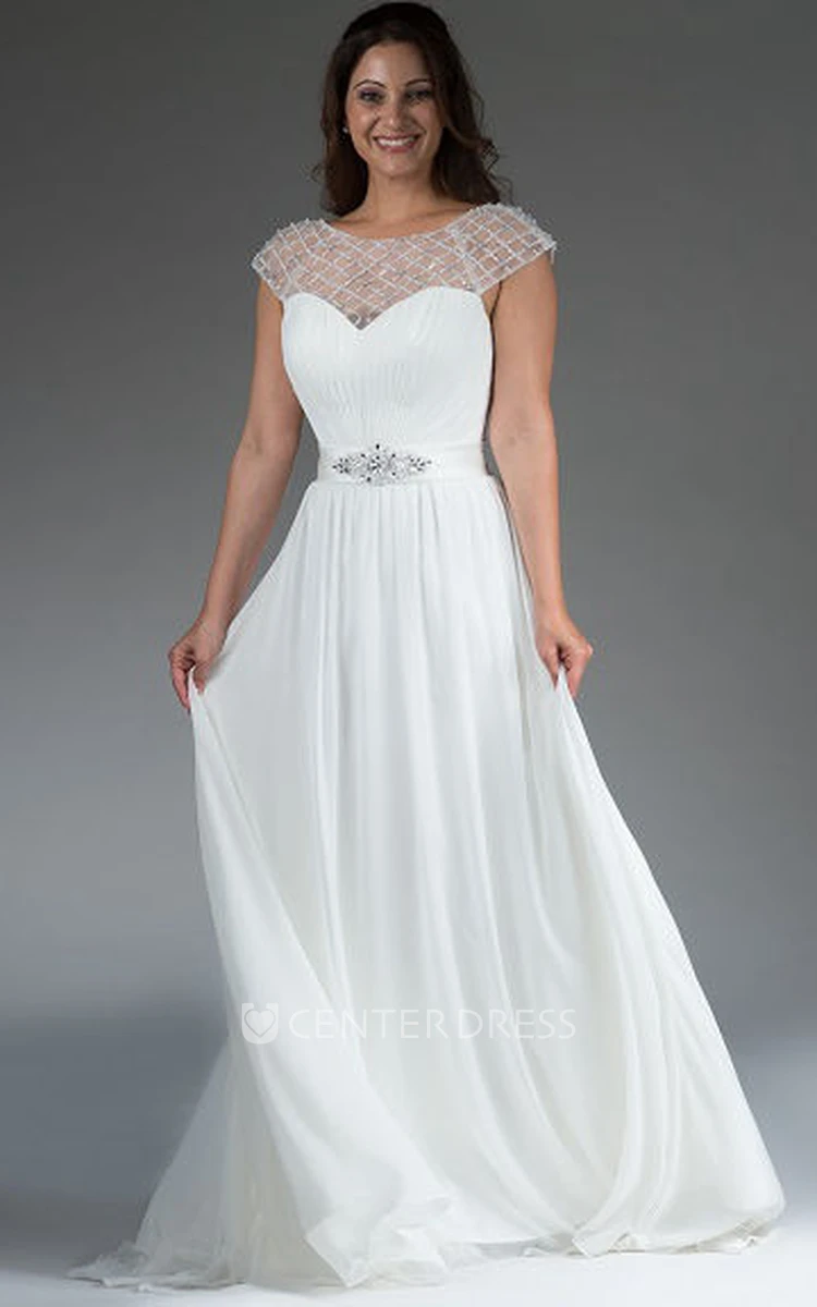 Pearled Cap Sleeve A-Line Bridal Gown With Back Crystal Bowknot And Keyhole