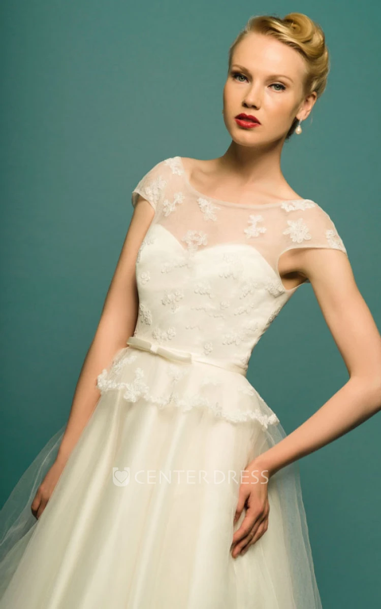 A-Line Tea-Length Appliqued Scoop Neck Cap Sleeve Tulle Wedding Dress