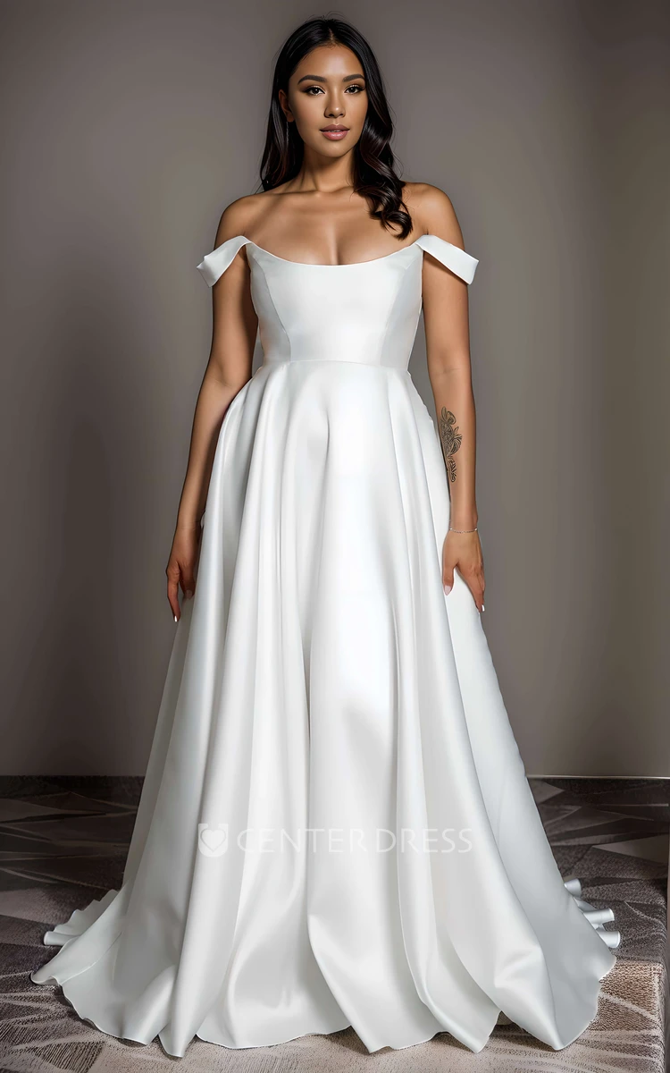 Sexy Elegant Off-the-shoulder Floor-length Sleeveless A-Line Satin Wedding Dress Solid Simple Straps Big Bust Draping Button Zipper Low-V Back Bridal Gown