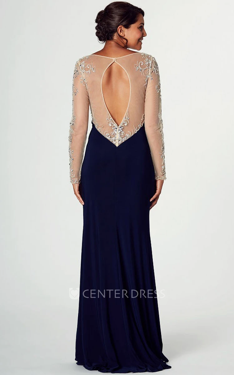 Long-Sleeve Beaded Long Bateau-Neck Jersey Prom Dress With Split Front