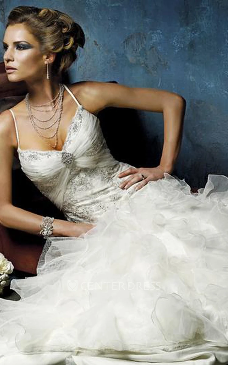 A-Line Long Sleeveless Cascading-Ruffle Spaghetti Organza Wedding Dress With Broach And Beading