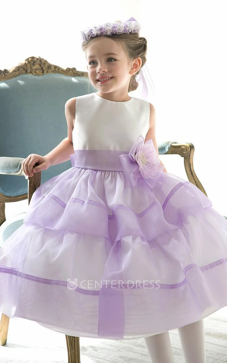 Floral Tea-Length Tiered Beaded Sequins&Organza Flower Girl Dress With Split Front