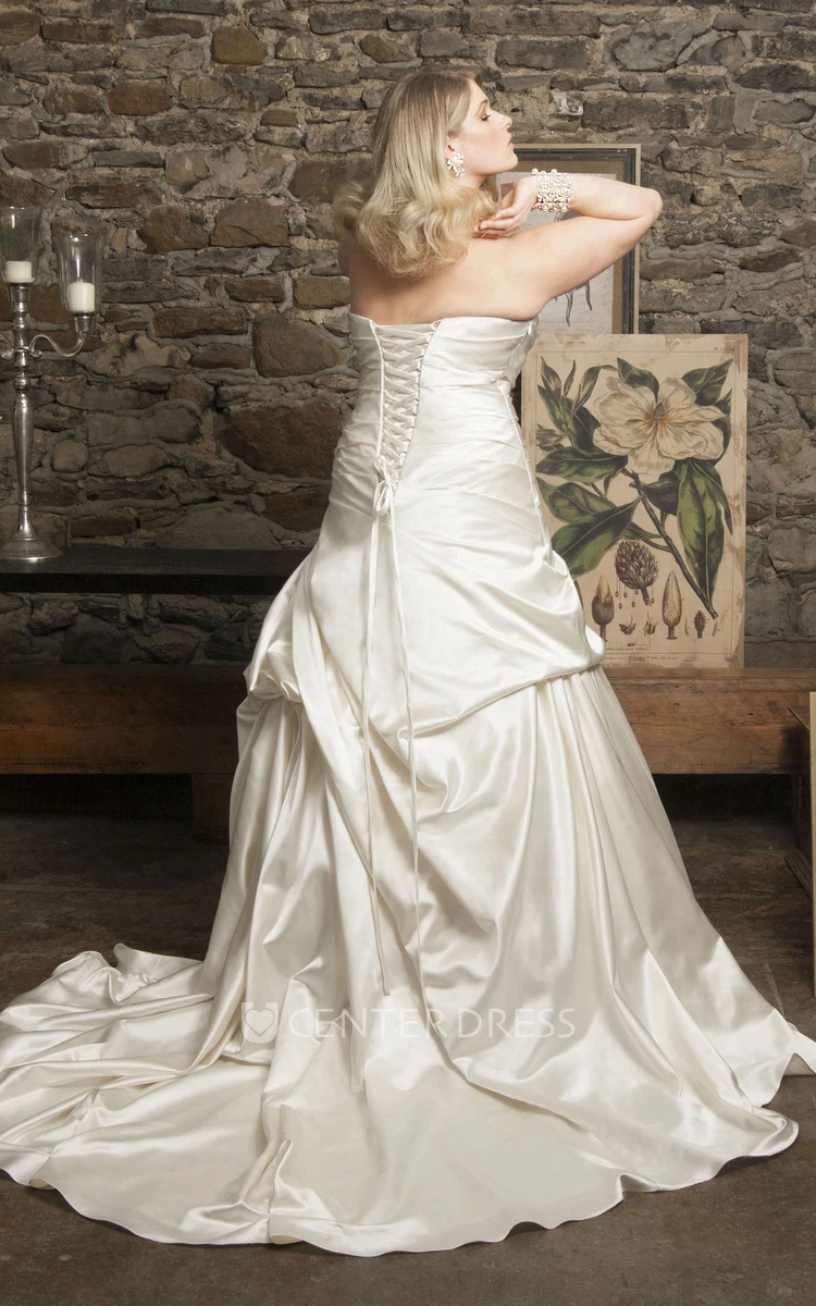 Champagne Satin Ruched Mermaid Gown With Floral Embellishment