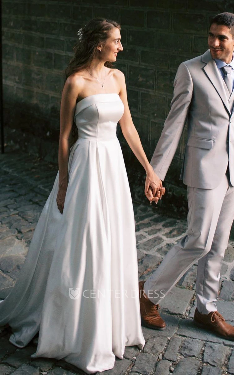 Strapless Satin Garden Wedding Dress with Backless and Illusion Sleeves Casual & Modern