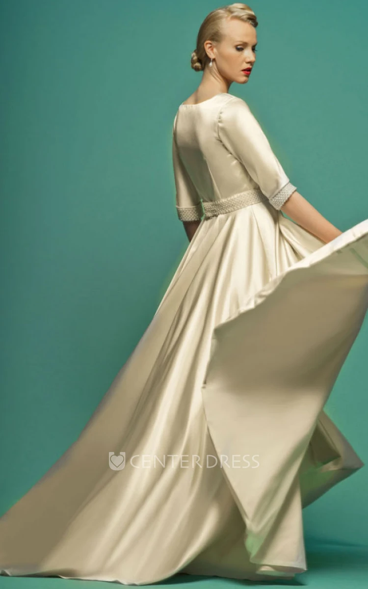 A-Line Floor-Length Jeweled V-Neck Half-Sleeve Satin Wedding Dress With Cape
