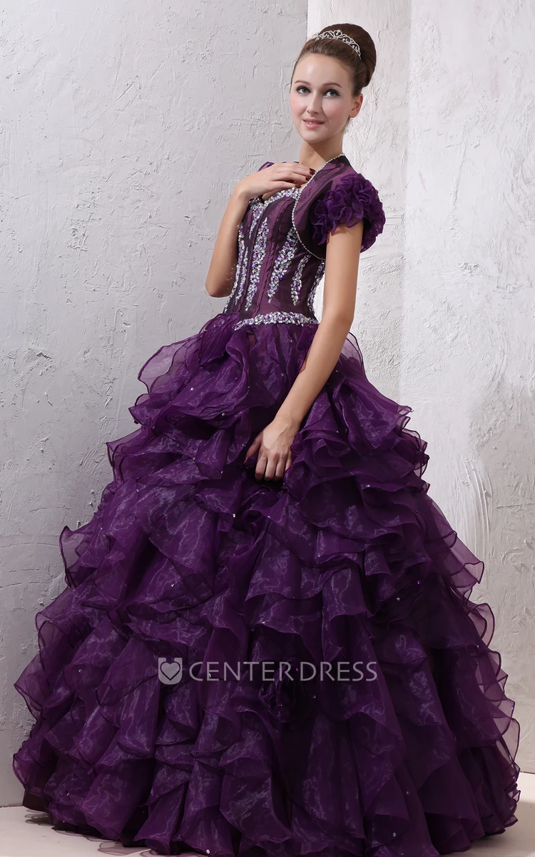 Organza Strapless Quinceanera Dress With Ruffles And Beading