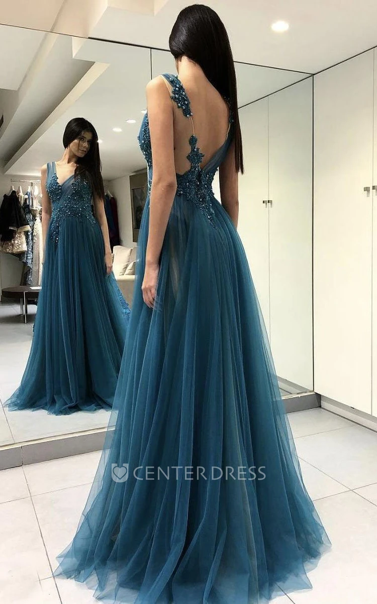 Sexy Front Split V-neck Floor-length Dress With Appliques And Beading