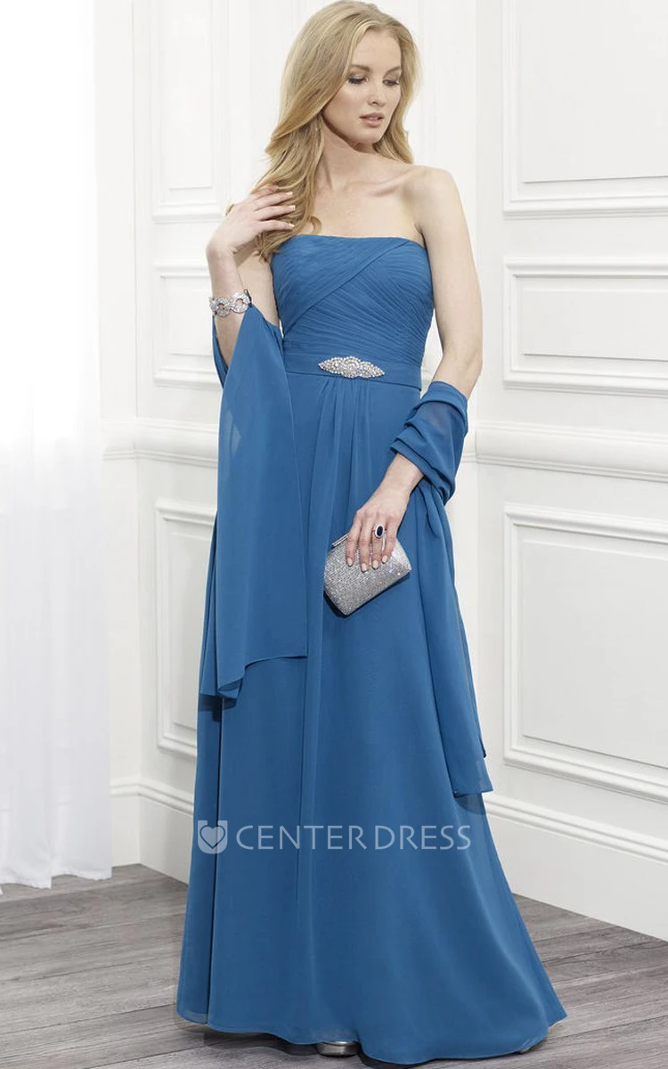 Strapless Ruched Chiffon Mother Of The Bride Dress With Waist Jewellery And Cape