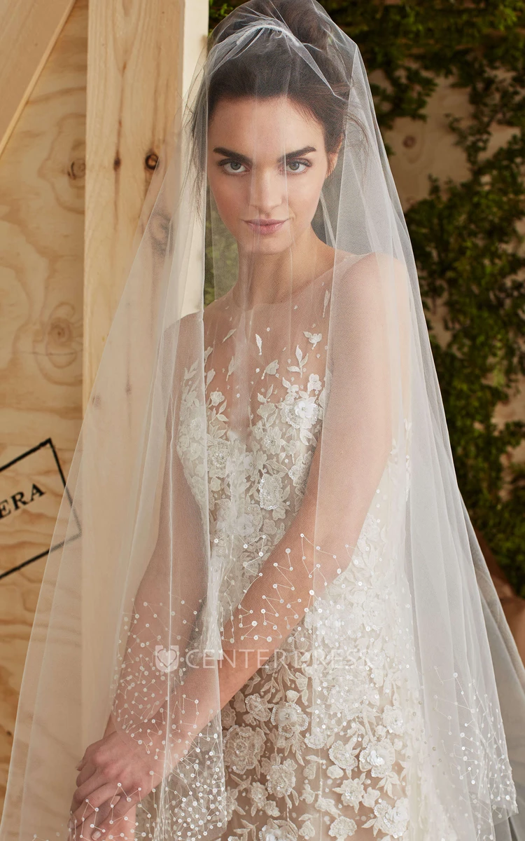 Sheath Sleeveless Long High Neck Tulle Wedding Dress With Appliques And Illusion