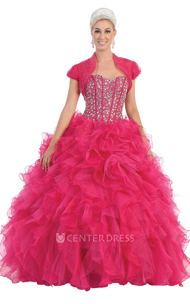 Ball Gown Sweetheart Organza Lace-Up Dress With Beading And Cascading Ruffles