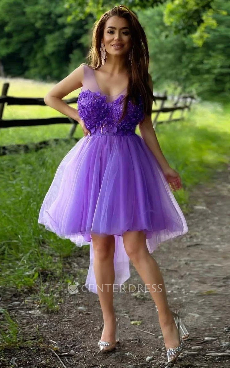 Adorable A Line Tulle Scoop Sleeveless with Appliques and Beading Homecoming Dress