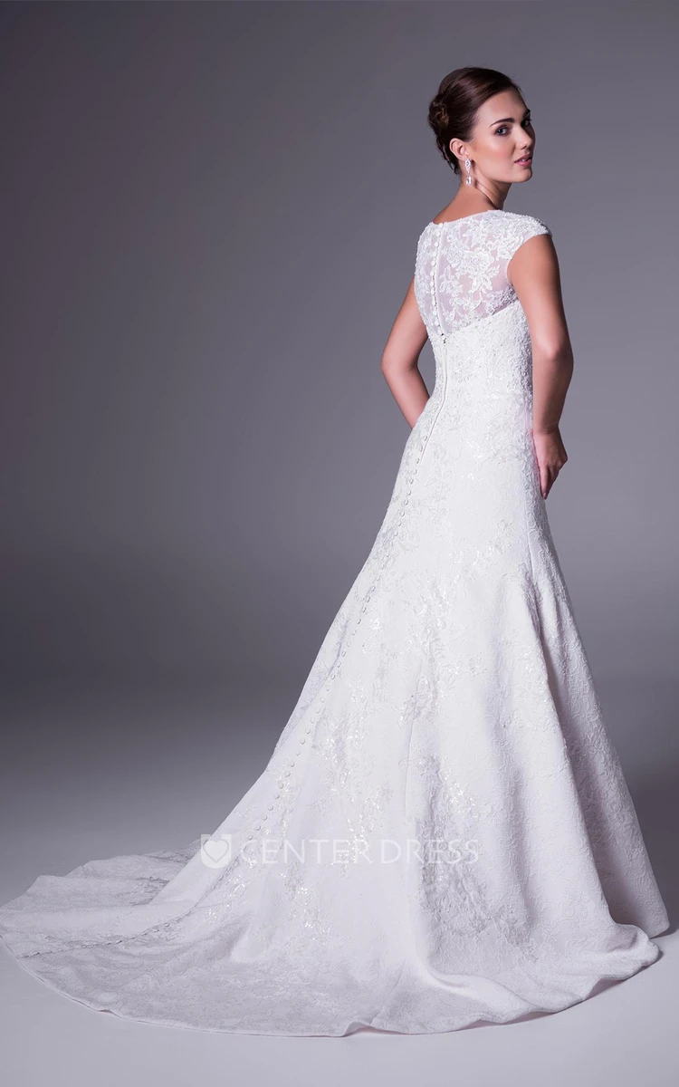 A-Line High Neck Cap-Sleeve Lace Wedding Dress With Illusion