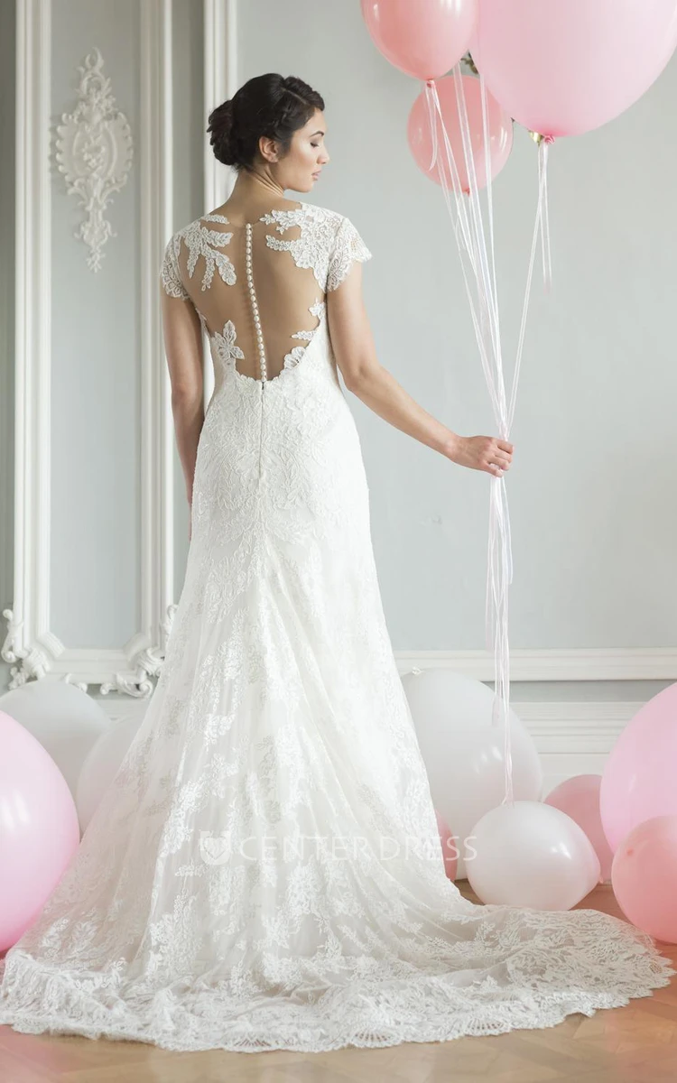 V-Neck Cap-Sleeve Lace Wedding Dress