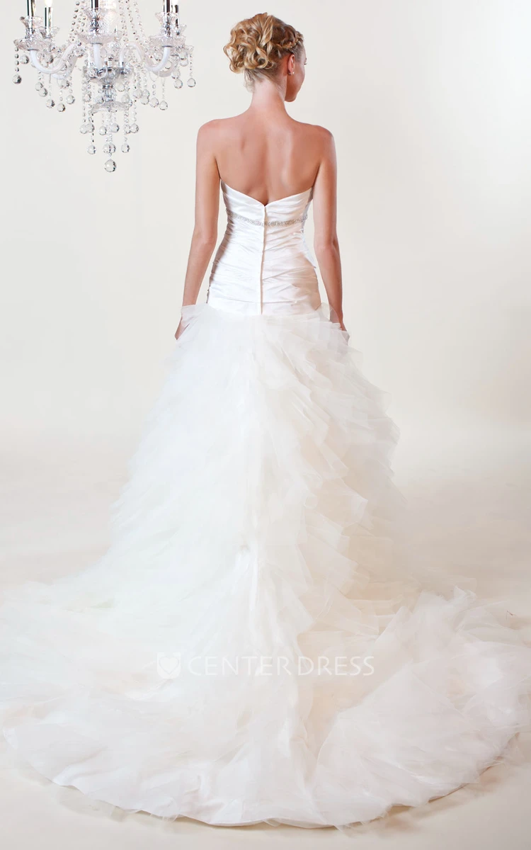 A-Line Sweetheart Long Tulle&Satin Wedding Dress With Cascading Ruffles And Waist Jewellery