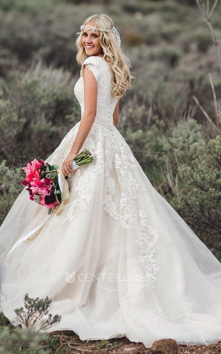 Lace Appliqued Queen Anne Ballgown Cap Sleeve Romantic Wedding Dress With Button Back