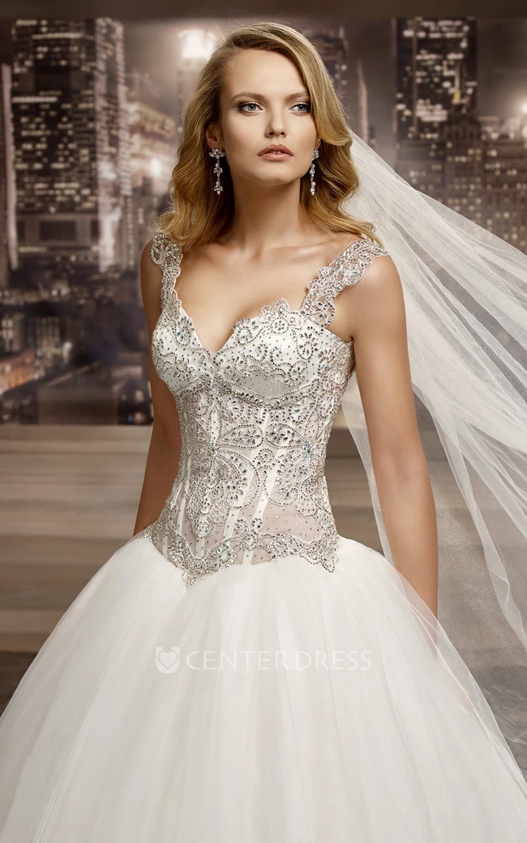V-neck A-line Wedding Gown with Beaded Corset and Half Open Back