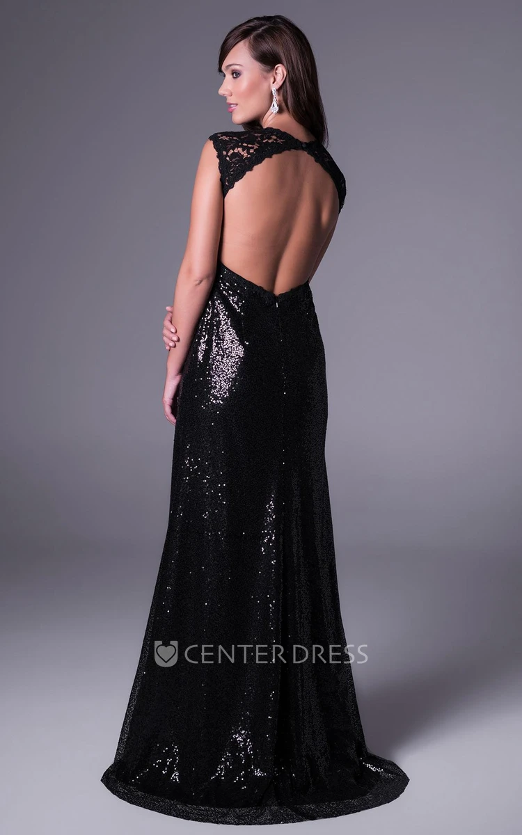 Sheath Lace Sleeveless V-Neck Floor-Length Sequins Prom Dress