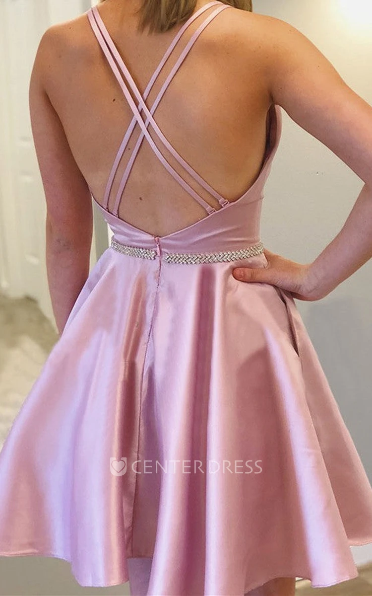 Sexy Halter Neckline A Line Satin Homecoming Dress With Beading And Open Back