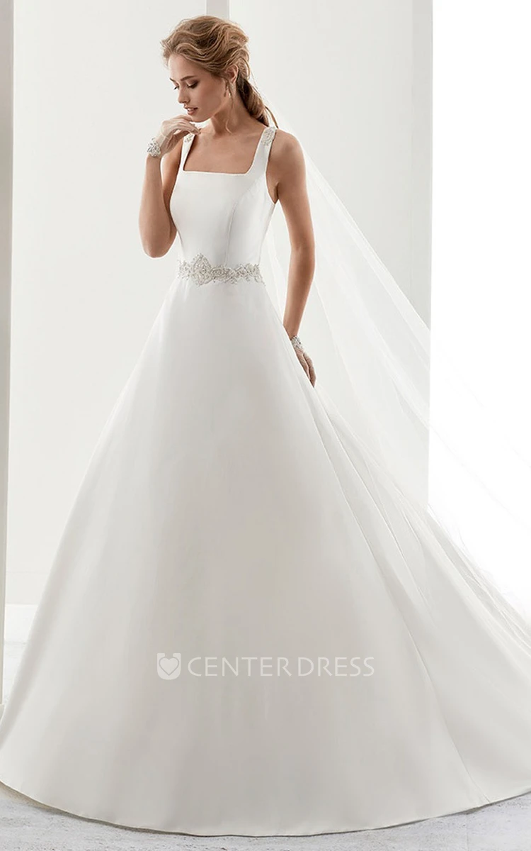 Square-Neck Satin A-Line Bridal Gown With Beaded Belt And Crisscross Straps Back