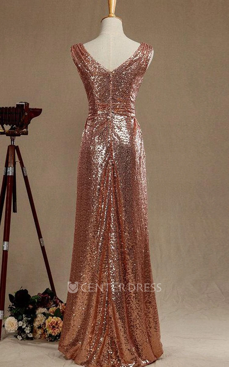 Rose Gold V Neck Back Bridesmaid Dress Luxury Full Length