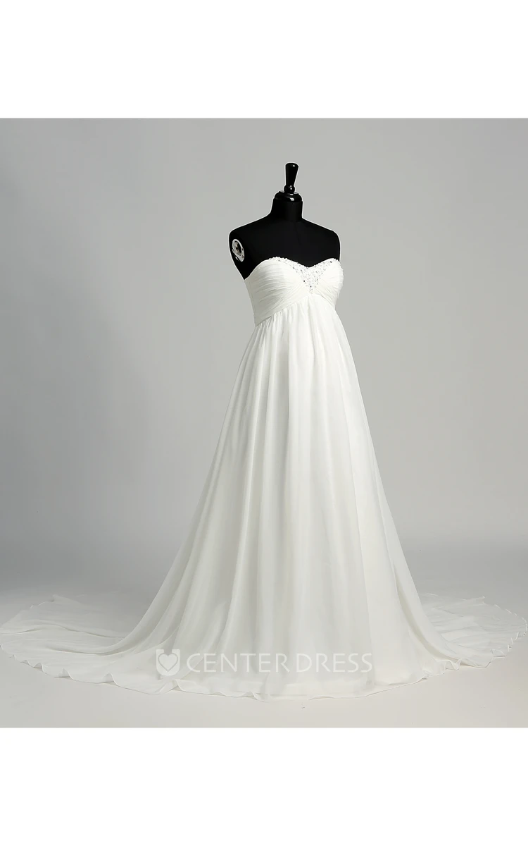 Chiffon A-line Sweetheart Sleeveless Maternity Wedding Dress with Beading and Ruching