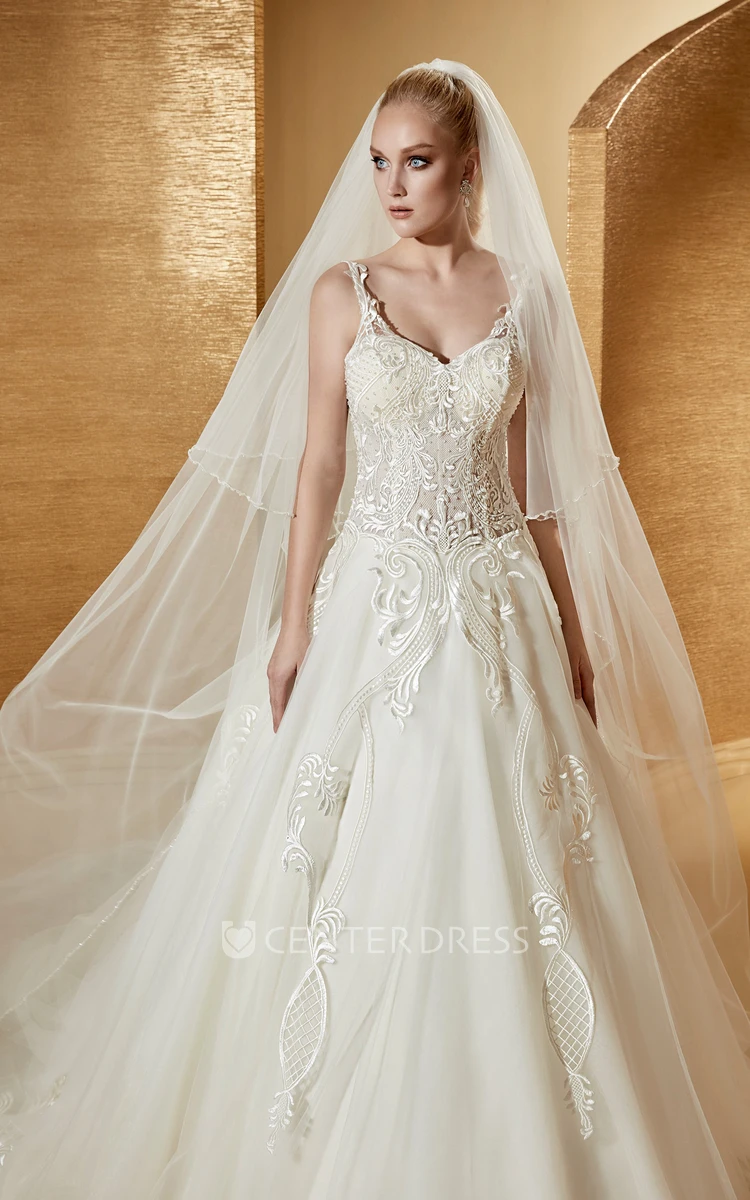 V-Neck A-Line Bridal Gown With Fine Appliques Details And Spaghetti Straps