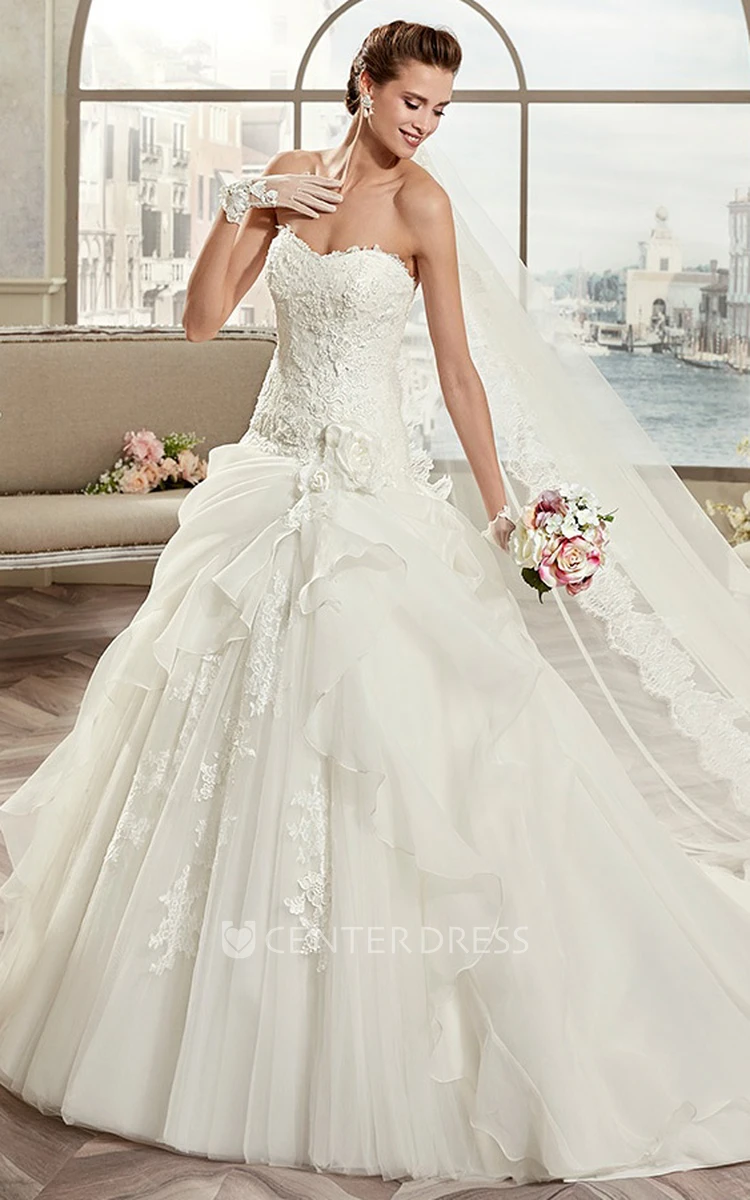 Strapless A-Line Floral Bridal Gown With Side Ruffles And Open Back