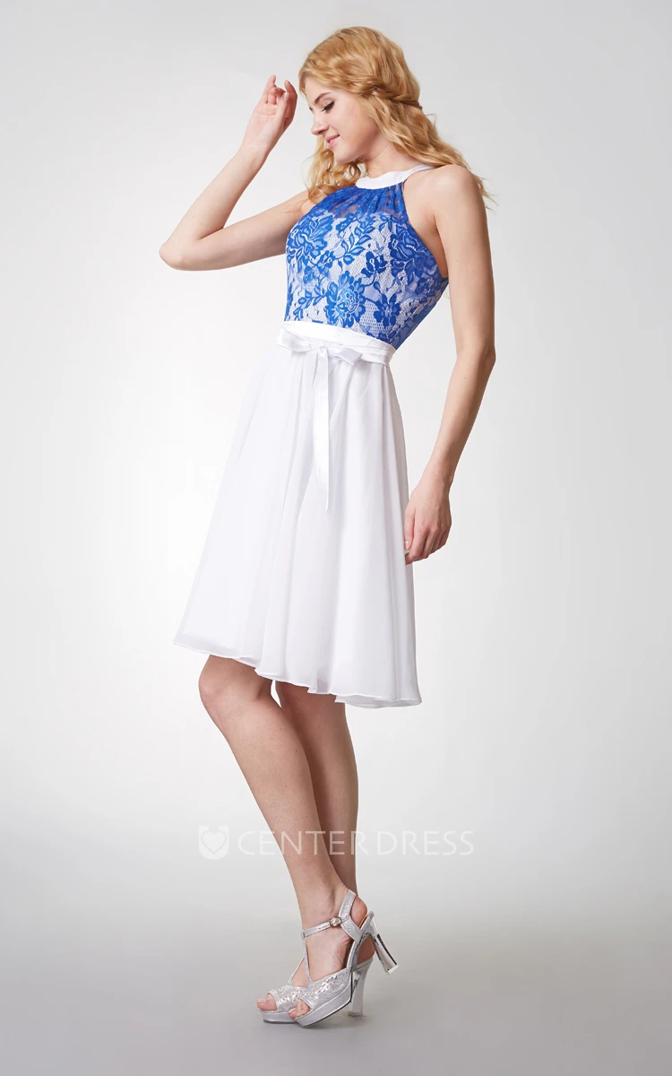 Ethereal A-line Lace Bodice Short Chiffon Dress With Keyhole Back