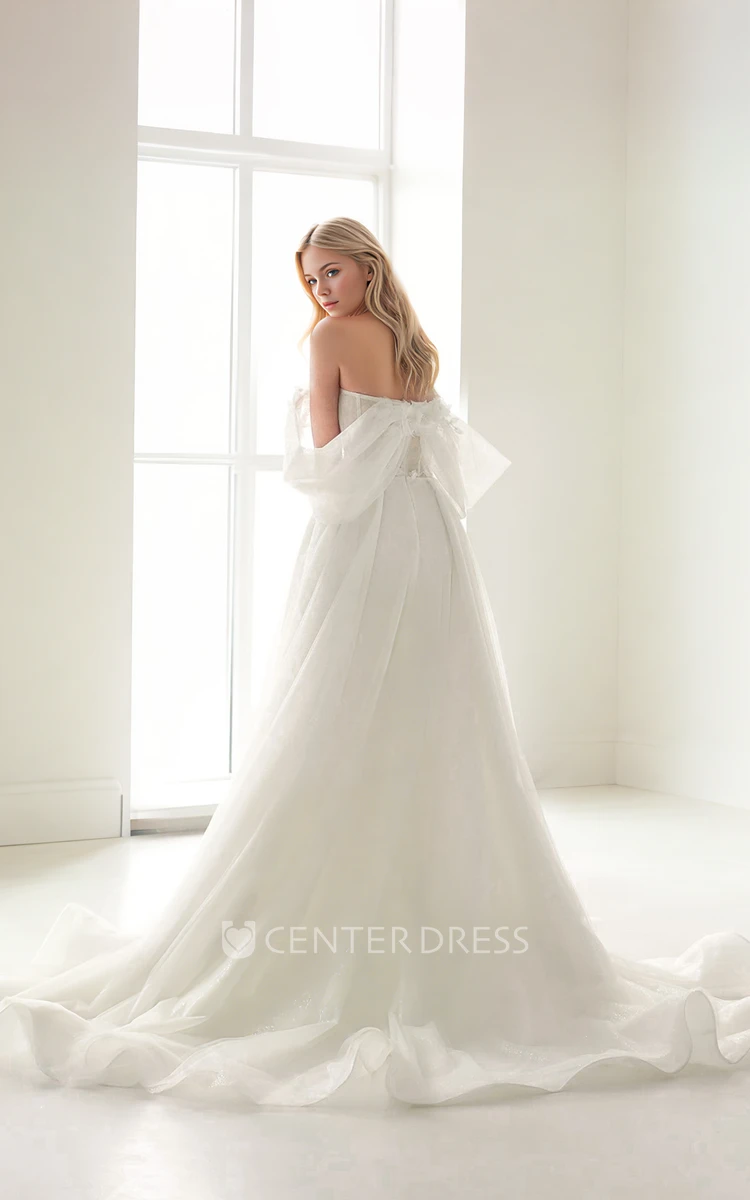 Ethereal Romantic Off-the-shoulder Strapless A-Line Floral Wedding Dress Sexy Elegant Sleeveless Floor-length Split Front Open Back Bridal Gown with Train