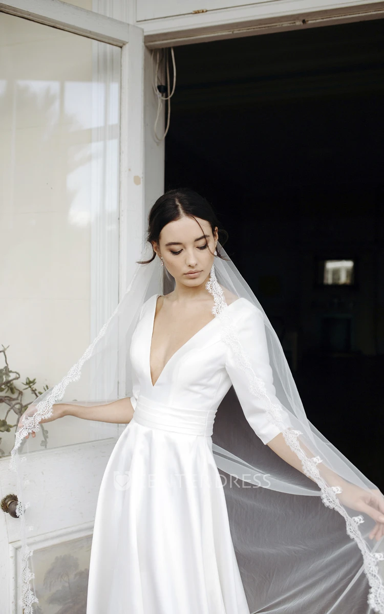 Plunging V-neck Sexy Elegant Satin Bridal Gown With 3/4 Sleeves And Court Train