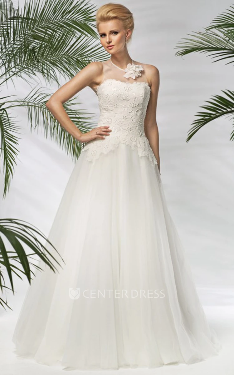 A-Line Sleeveless Floral Long Strapless Tulle Wedding Dress With Beading And Appliques