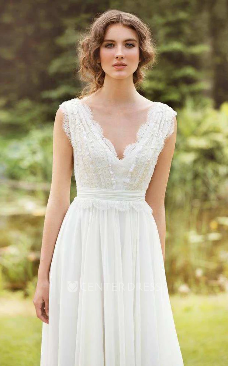 Plunged Sleeveless Chiffon Pleated Wedding Dress With Lace And Bow