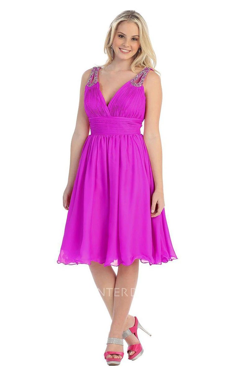 Plunging Neckline Short Chiffon Dress With Sequined Straps and V Back