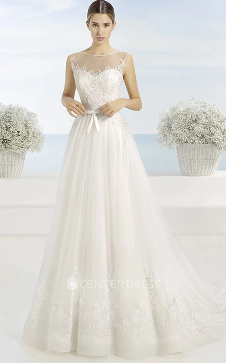 A-Line Long Appliqued Sleeveless Scoop Tulle Wedding Dress With Court Train And Illusion Back