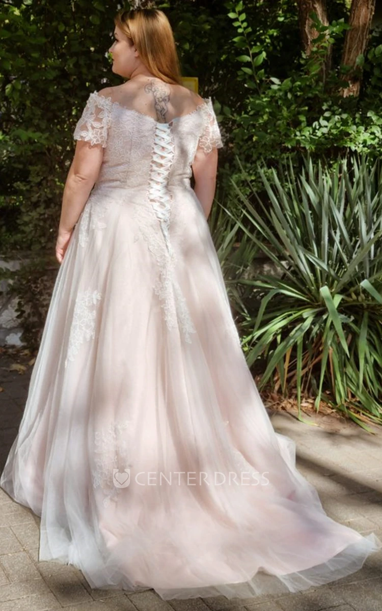 A Line Modest Off-the-shoulder Tulle Sweep Train Wedding Dress with Appliques