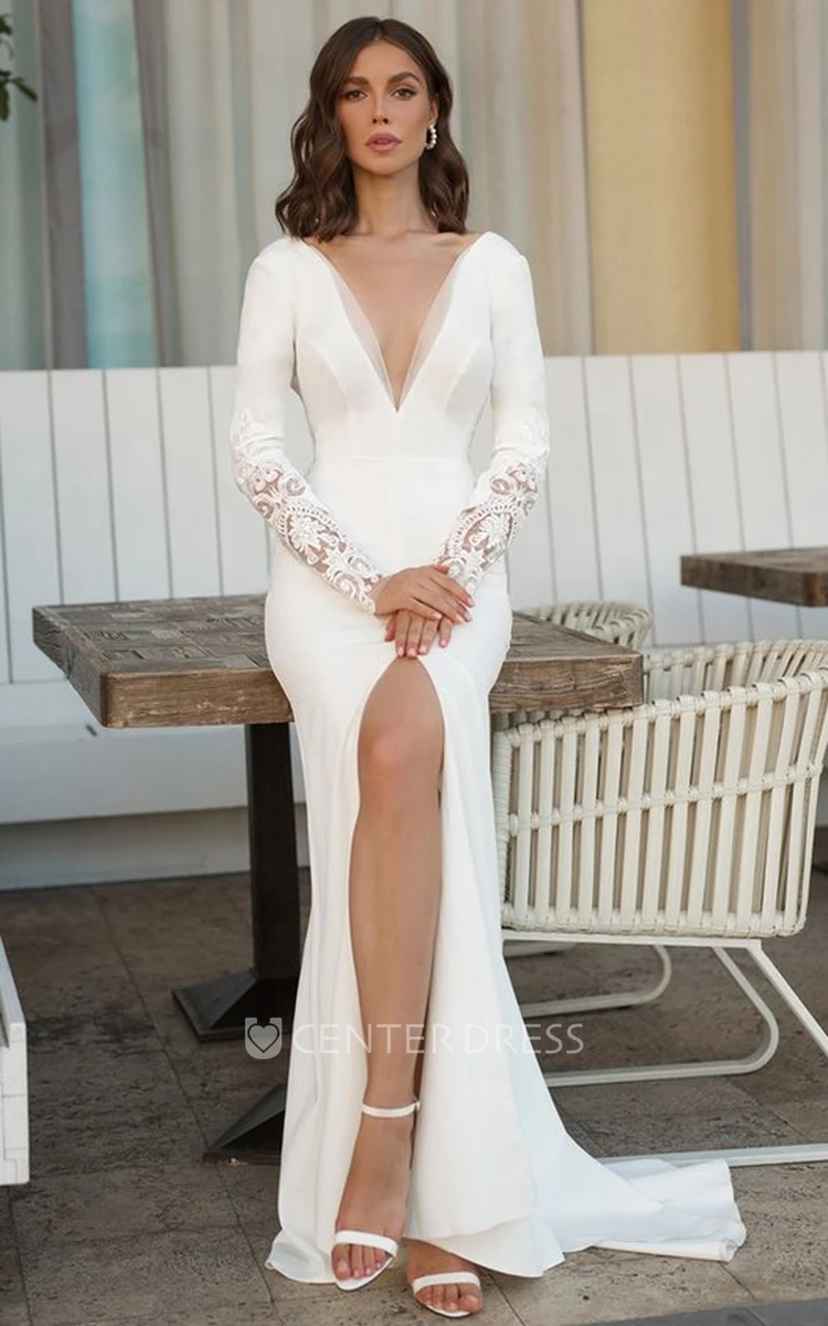 Wedding dress v neck long sleeves sale