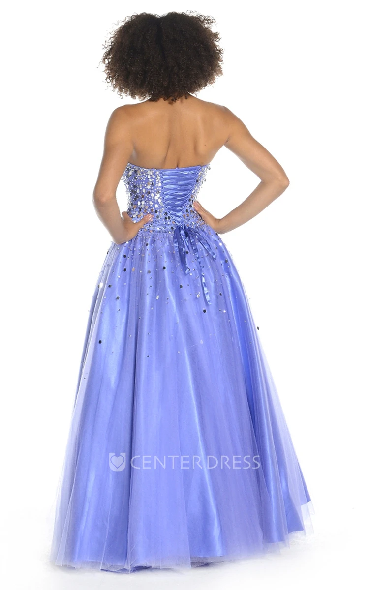 A-Line Maxi Strapless Sequined Tulle Prom Dress With Lace-Up