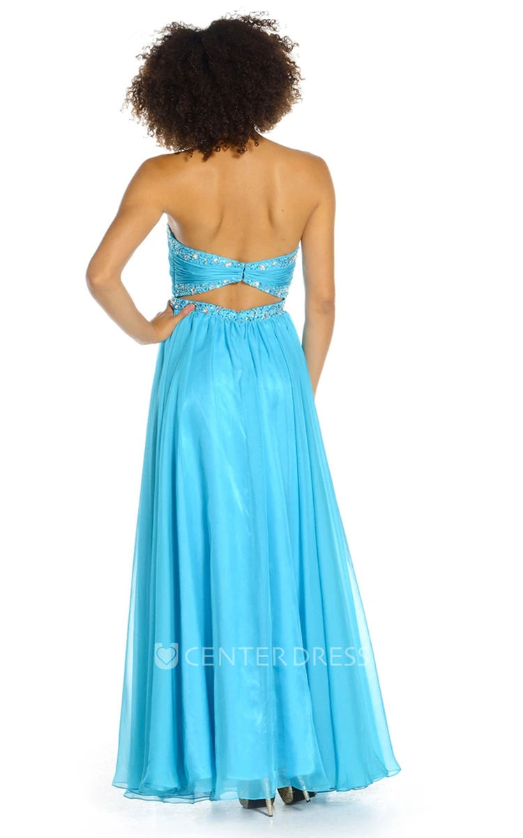 A-Line Sweetheart Ruched Long Sleeveless Prom Dress With Beading And Pleats