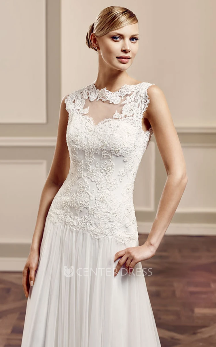 Sheath Floor-Length Sleeveless Jewel-Neck Tulle&Lace Wedding Dress With Appliques And Brush Train