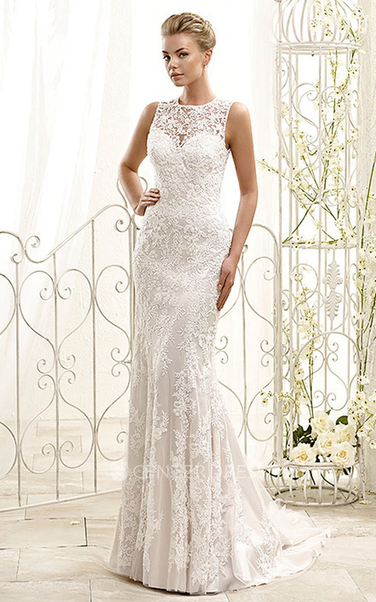 High neck outlet sheath wedding dress