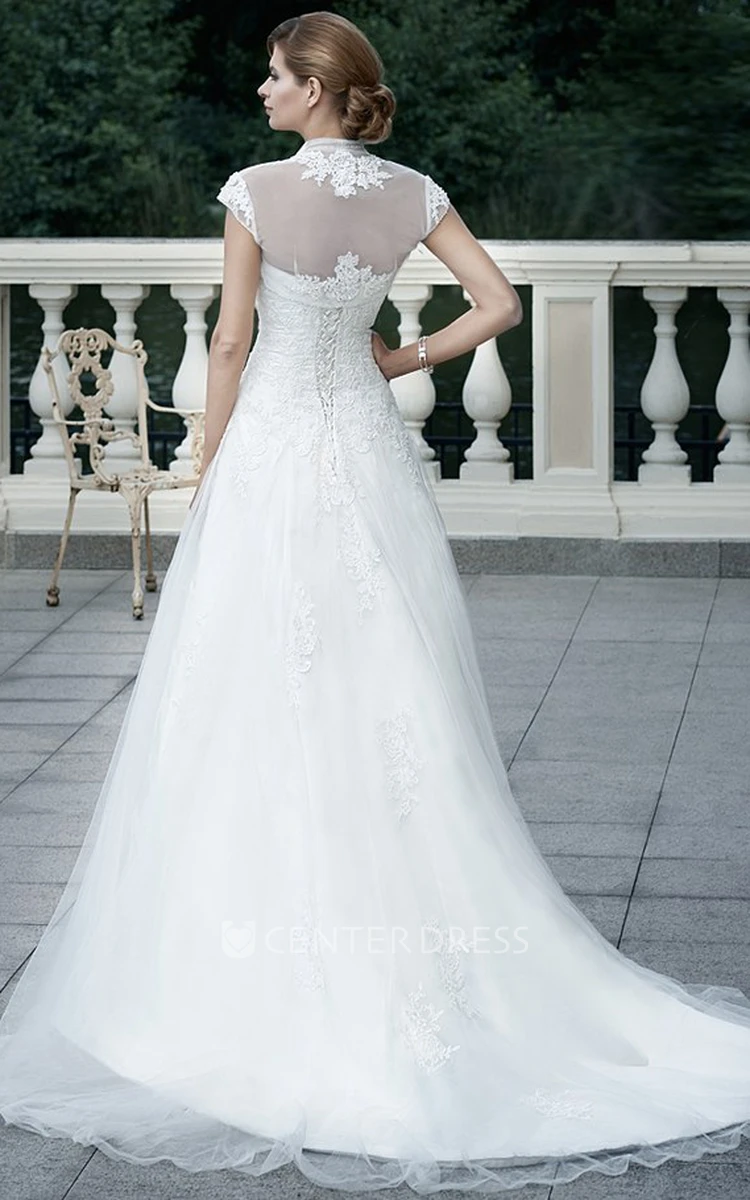 A-Line Appliqued Sleeveless Strapless Floor-Length Tulle Wedding Dress