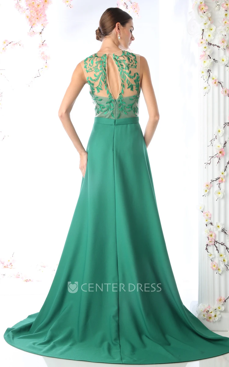 Sheath Jewel-Neck Sleeveless Jersey Illusion Dress With Embroidery And Split Front