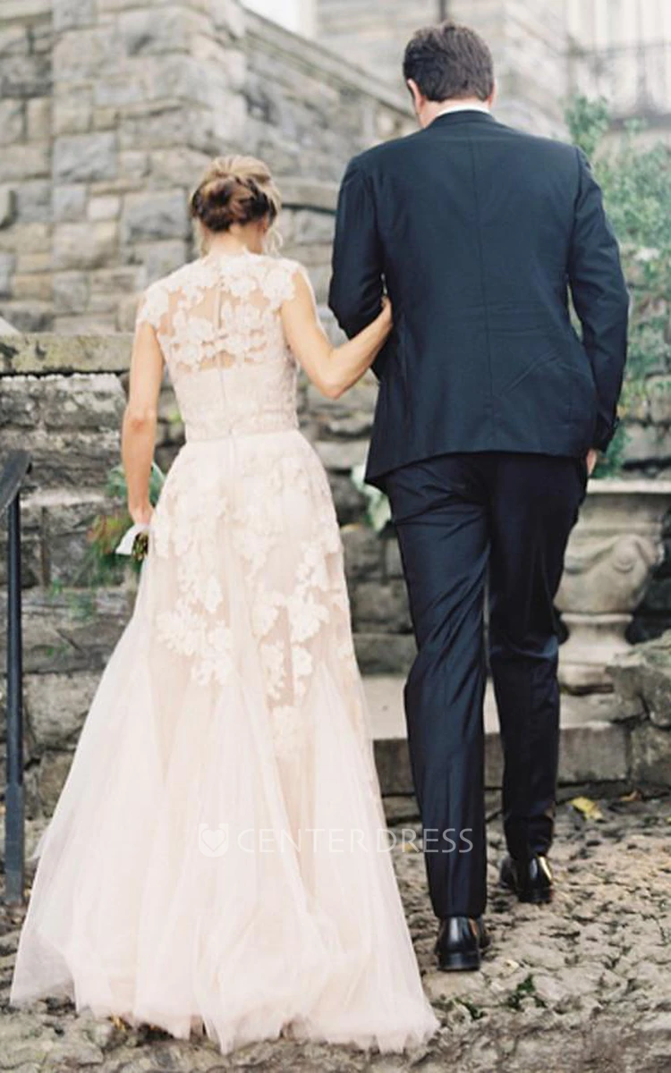 A Line V-neck Lace Tulle Zipper Wedding Gown